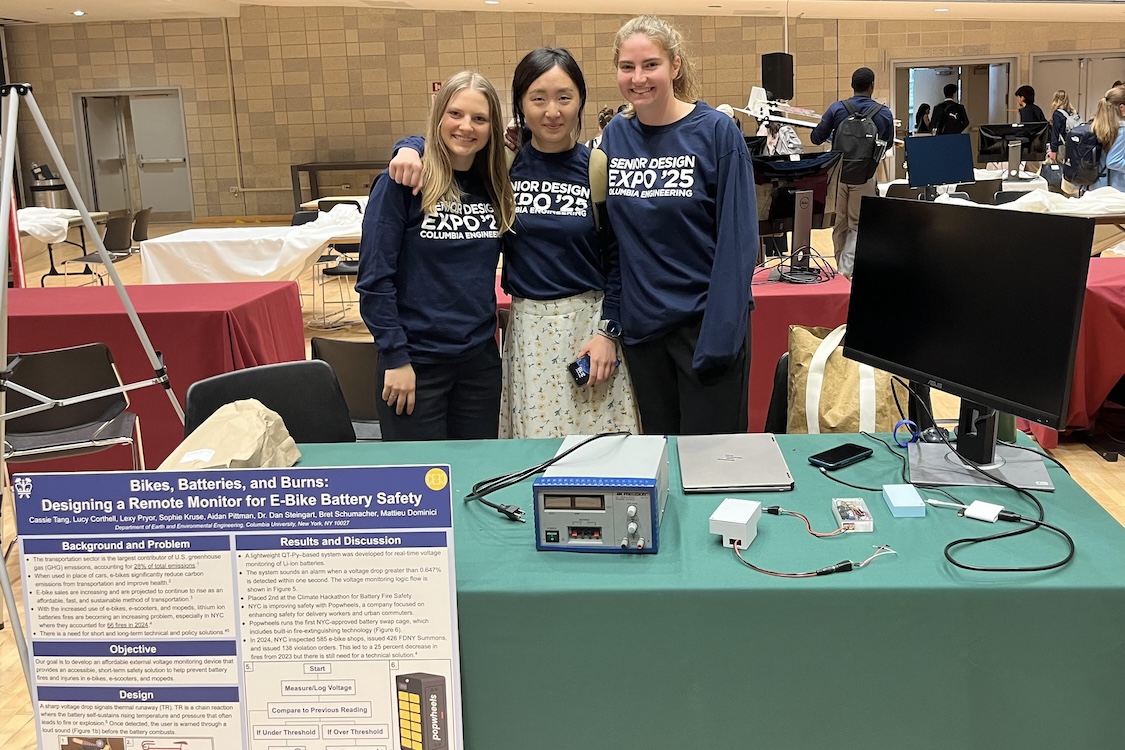 Three posing for a photo behind a table strewn with electrical equipment. A research poster sitting in the bottom-left corner reads "Bikes, Batteries, and Burns: Designing a Remote Monitor for E-Bike Battery Safety"