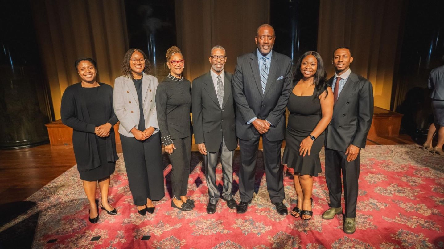 Seven alums of Columbia's chapter of the National Society of Black Engineers  posing for a photo